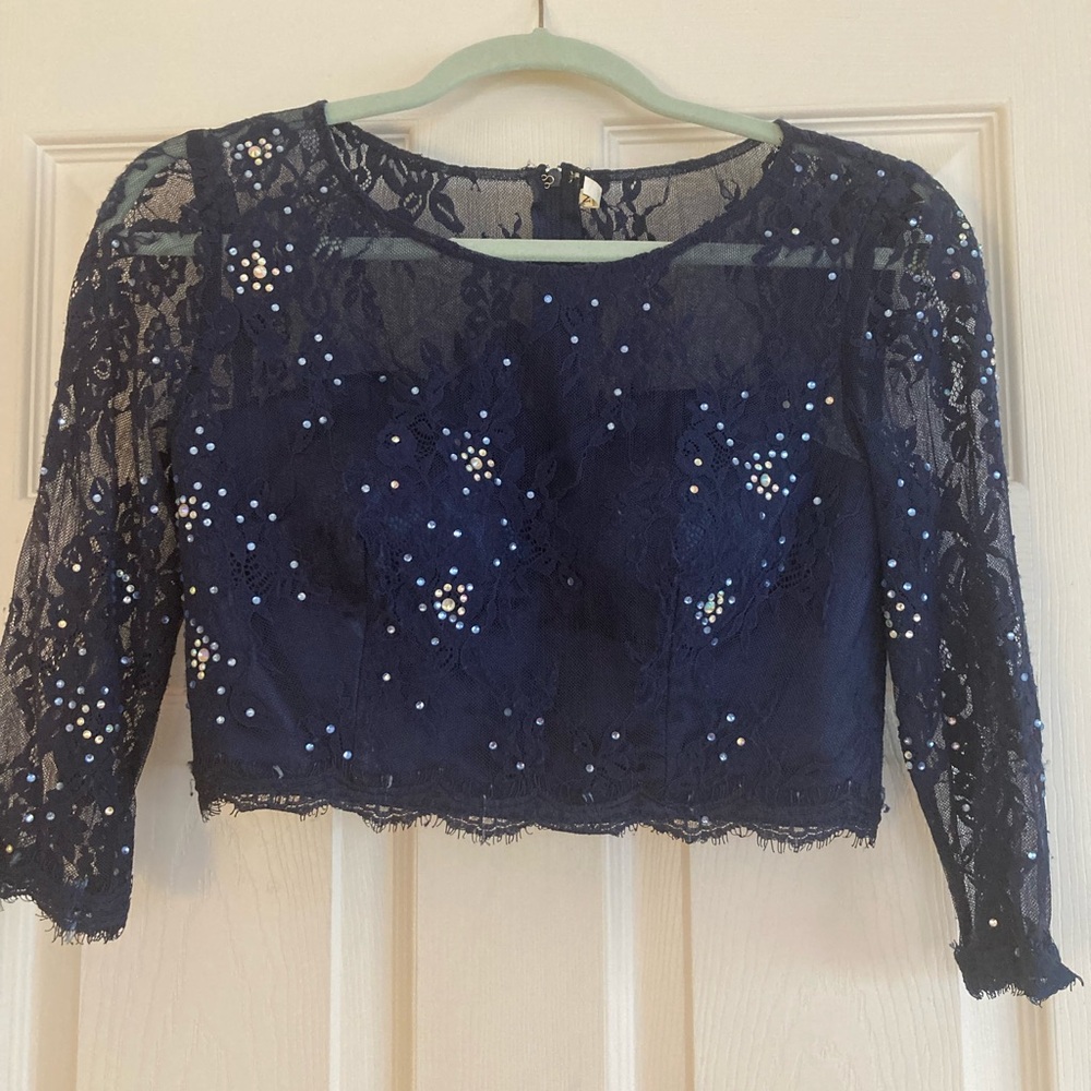 Prom or graduation 2 piece- Navy Sequin Top and Floral Skirt Set with peplum - Picture 2 of 12